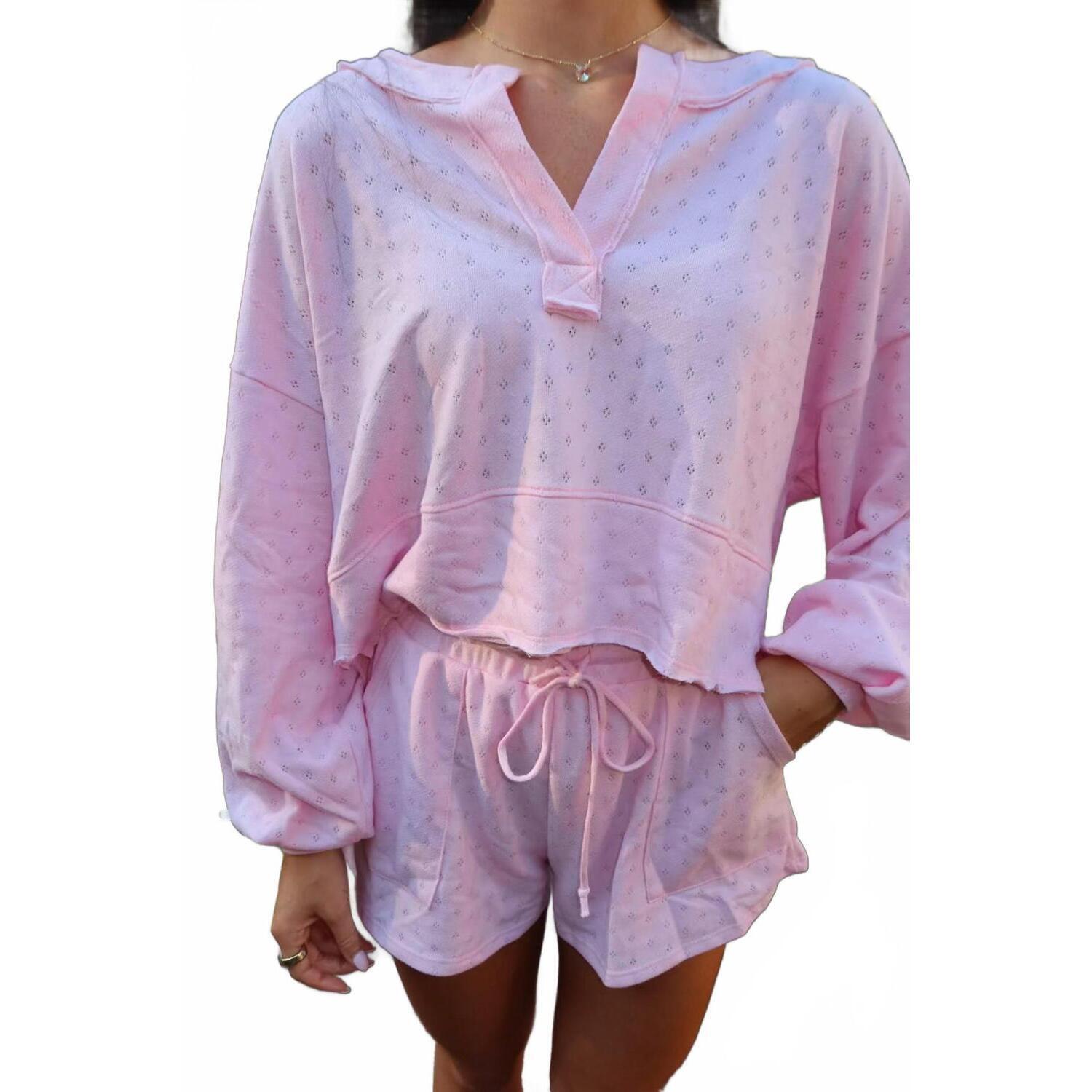 New Bucketlist Pointelle Drawstring Shorts With Big Pockets Set In Pink